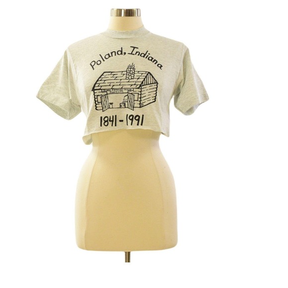 Screen Stars Tops - 90s Vintage Womens XS S Crop Top Gray Poland Indiana 150th Anniversary Tee USA
